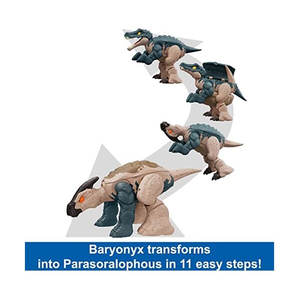 Jurassic World Figurines Dinausores Transformables Baryonyx Et Parasaurolophus Transformation Féroce Double Danger 2-En-1, 8 