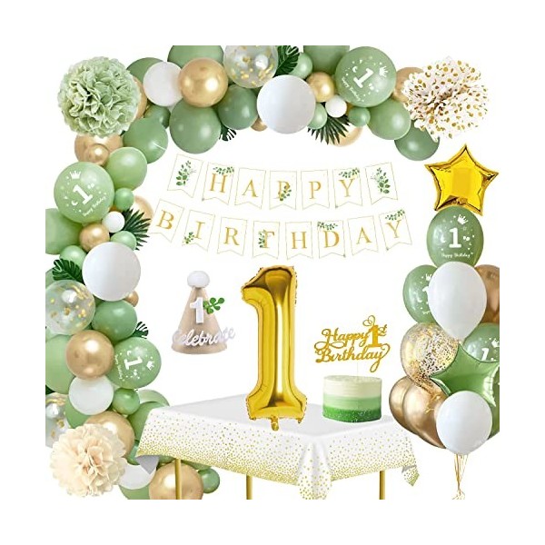 Ballon Anniversaire 1 an,Anniversaire 1 an Decoration,Deco 1 ans Ballon Vert avec Bannière Joyeux Anniversaire,ballon 1 an,Ga