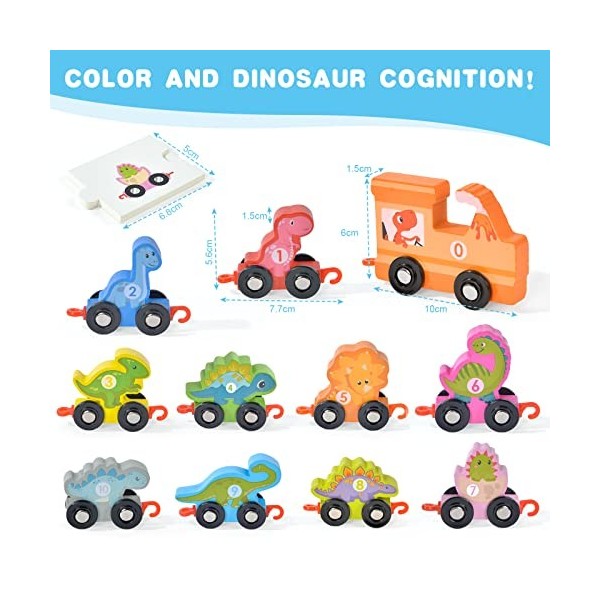 Vicloon Train en Bois,My First Le Train des Animaux de Train Dinosaure avec Chiffres 0-10 Voiture Jouets pour Bebe-Jeu Éveil 