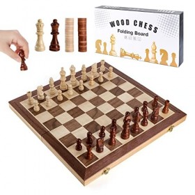 LgowithU Jeu déchecs en bois de 38,1 cm pour adultes et enfants, jeu déchecs et de dames, plateau de jeu magnétique pliable