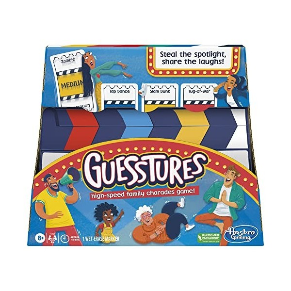 Guesstures Jeu de charades pour 4 joueurs ou plus, comprend des cartes personnalisables et un clapper, jeu de fête de famille