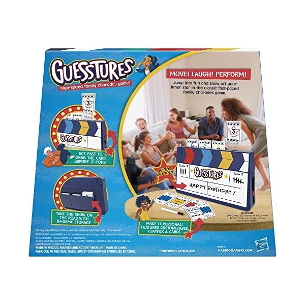 Guesstures Jeu de charades pour 4 joueurs ou plus, comprend des cartes personnalisables et un clapper, jeu de fête de famille