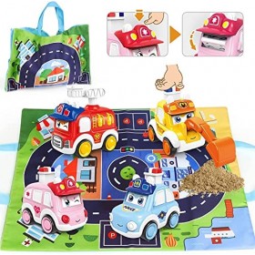 Bébé Voitures Jouets pour Garçons, Enfant Press and Go Voiture, 4 Pièces Pousser at Aller Véhicules avec Tapis de Jeux et Sac