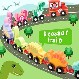 Wisplye Train en Bois Dinosaure Jouet Numéro 1-10 Véhicules pour Enfants Montessori Voiture Jouet de Motricité Compatibles av
