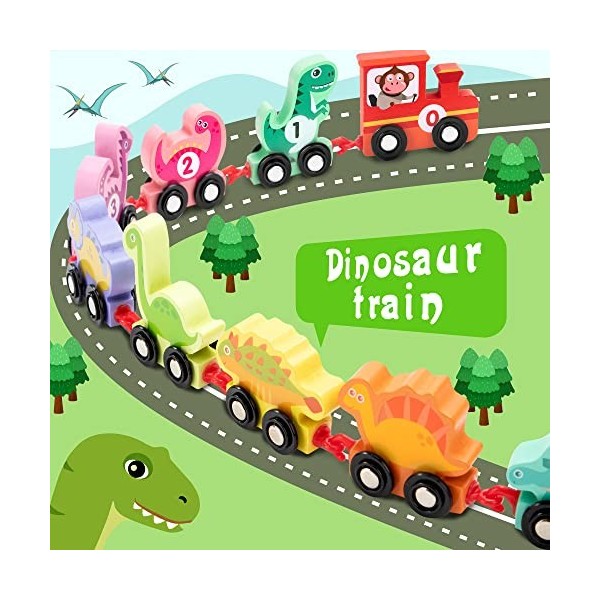 Wisplye Train en Bois Dinosaure Jouet Numéro 1-10 Véhicules pour Enfants Montessori Voiture Jouet de Motricité Compatibles av