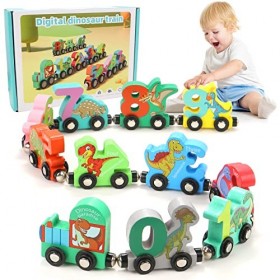 TFHAllOSTYLE Lot de 11 jouets en bois en forme de dinosaure, train magnétique en bois avec chiffres, jouets éducatifs pour en