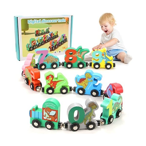 TFHAllOSTYLE Lot de 11 jouets en bois en forme de dinosaure, train magnétique en bois avec chiffres, jouets éducatifs pour en