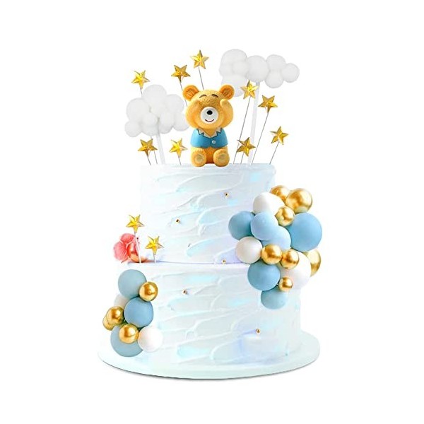 Ksopsdey 34pcs Luxe Bleu Ours Cake Topper, DIY Mini Topper de Gâteau de Ballon, Pentagramme Cake Topper Parti Fournitures, po