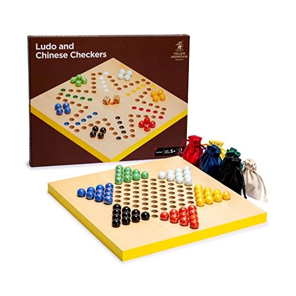 Yellow Mountain Imports Ensemble de Jeux Ludo et Dames Chinoises Halma Recto-Verso 2 en 1 en Bois et en Marbre de Verre - 30,