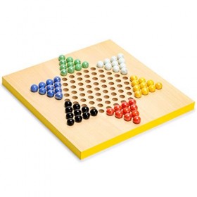 Yellow Mountain Imports Ensemble de Jeux Ludo et Dames Chinoises Halma Recto-Verso 2 en 1 en Bois et en Marbre de Verre - 30,