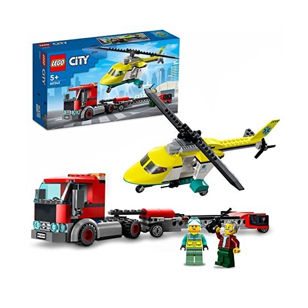 LEGO 60343 City Great Vehicles Le Transport de L’Hélicoptère de Secours, Jouet de Camion, avec Minifigurines, Cadeau pour Les