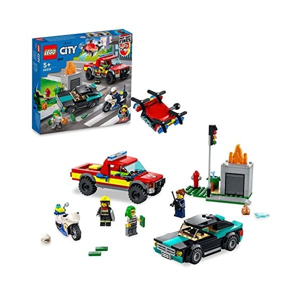 LEGO 60319 City Fire Le Sauvetage des Pompiers et La Course-Poursuite de La Police, Jouet Voiture, Camion et Moto, pour Garço