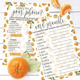 DISTINCTIVS Little Cutie Orange Baby Shower – Whats On Your Phone and Word Scramble 2 jeux de jeu – 20 cartes double face