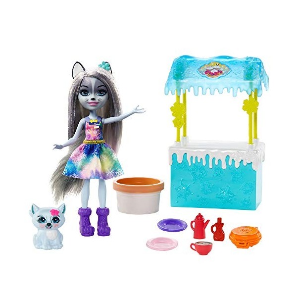 Enchantimals coffret Stand de Gaufres, mini-poupée Hawna Husky, figurine animale Crème Fouettée, pâte à modeler et accessoire