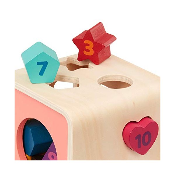 Battat – Shape Sorter for Toddlers, Kids – Wooden Learning Cube – 10 Colorful Wood Shapes with Numbers – Count & Sort Cube – 