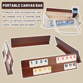 Rummy Cube, jeu de 106 tuiles ramifiées, jeu classique en bois, avec 4 supports en bois, sac en toile portable, 1 minuterie, 