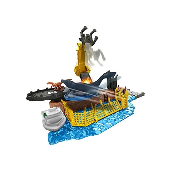 Jurassic World Coffret Minis L’Attaque du Mosasaurus avec 2 mini-dinosaures, des espaces de jeu et des éléments détachables, 