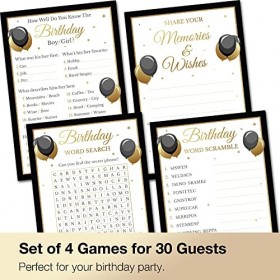 Jeux de fête danniversaire – Lot de 4 jeux pour 30 invités – Cartes double face – Fournitures de fête danniversaire pour ad