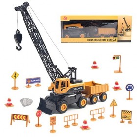 Hapavis Jouets Grue, Camion de Construction, véhicule à inertie, Voiture dingénierie, avec remorque, Panneaux de signalisati