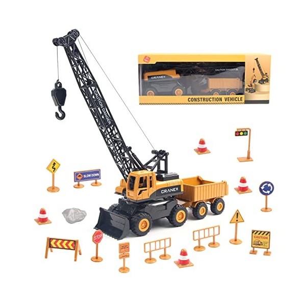 Hapavis Jouets Grue, Camion de Construction, véhicule à inertie, Voiture dingénierie, avec remorque, Panneaux de signalisati