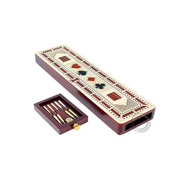 House of Cribbage Planche à croûte continue à 3 rails incrustée en bois dérable / bois de sang - Dimensions : 12,5 cm - Symb