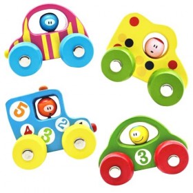 Pack 4 Voitures en Bois Colorées avec Personnages - Véhicule Jouet Enfant - Voitures Jouet, Cadeau Garçon, Fille, Bébé, Monte