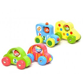 Pack 4 Voitures en Bois Colorées avec Personnages - Véhicule Jouet Enfant - Voitures Jouet, Cadeau Garçon, Fille, Bébé, Monte