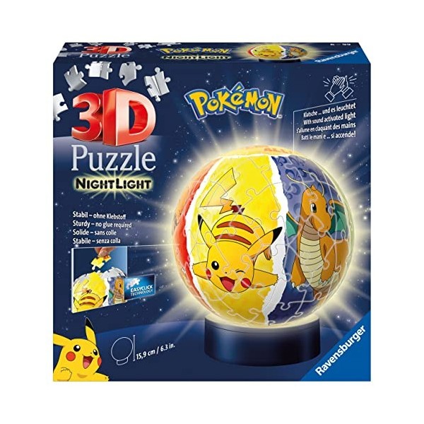 Ravensburger - Puzzle 3D Ball illuminé - Pokémon - A partir de 6 ans - 72 pièces numérotées à assembler sans colle - Socle lu