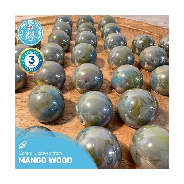 Jeu de société en bois de mangue de 30 cm de diamètre avec billes de verre Thunderbolt | | Jeu de solitaire classique en bois