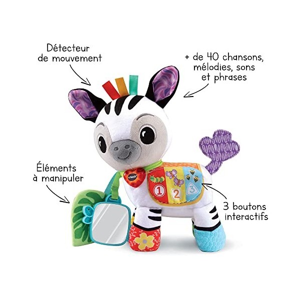 VTech – Timéo, P’tit Zèbre D’activités, Peluche Bébé interactive – 3/36 mois – Version FR