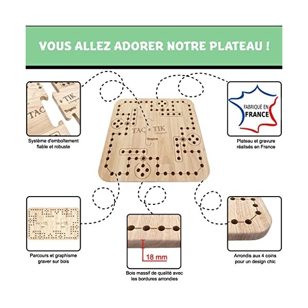 YOOJEUX® TAC-TIK L’Original – 2 à 4 Joueurs – Inclus Cartes pour Jouer au Tock – Jeu de Société Plateau Bois Massif – Fabriqu