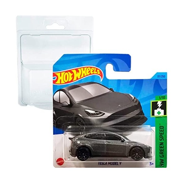 Friki Monkey Hot Wheels Tesla Model Y HW Green Speed 1/10 37/250 HKK20 Short Card Mattel 2023 + Blister & Card Protector Pa