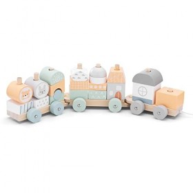 Navaris Jouet Train en Bois - Jeu Train 40 x 7,2 x 9 cm pour Enfants Bébés - 3 Wagons pour Filles et Garçons