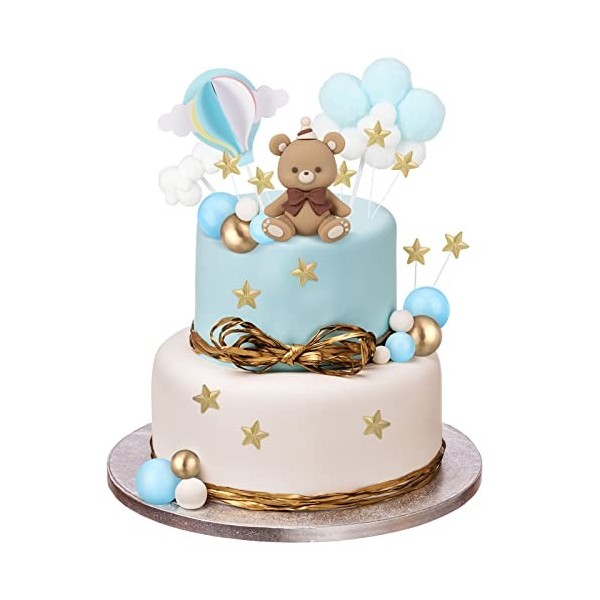 XINRUI Lot de 44 décorations de gâteau en forme dours en peluche bleu - Décoration de fête danniversaire pour bébé garçon -