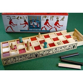 Ancient Egyptian Senet Game - Wooden Board with Red Squares, Wooden Pieces and Binary Dice