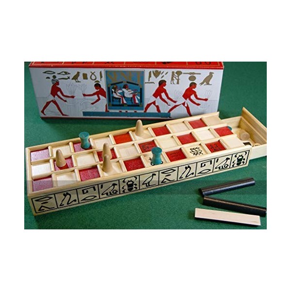 Ancient Egyptian Senet Game - Wooden Board with Red Squares, Wooden Pieces and Binary Dice