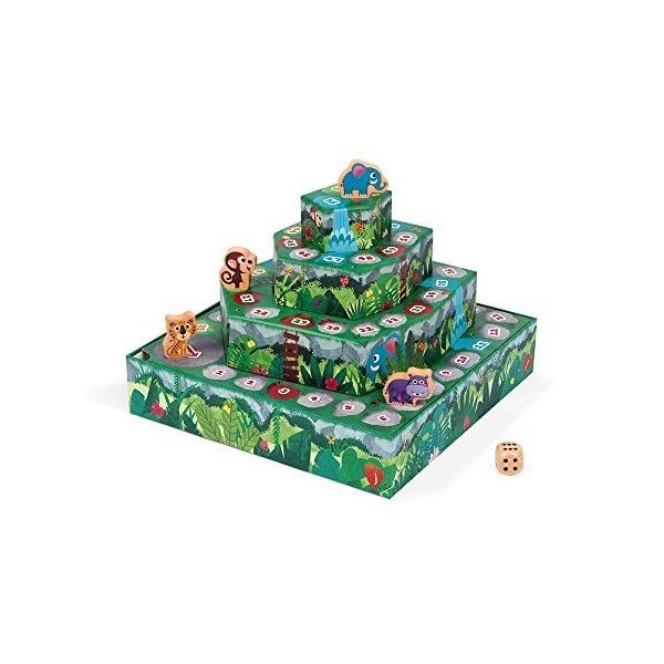 JANOD- Jeu des Serpents et échelles, Version Jungle Bois et Carton , J02741, Multicolore