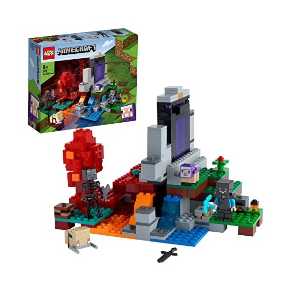 LEGO 21172 Minecraft Le Portail en Ruine, Jouet avec Figurines de Steve et Wither Squelette, dans Le Nether, pour Filles et G