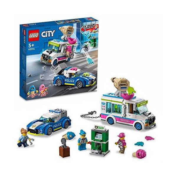 LEGO 60314 City La Course-Poursuite du Camion de Glaces, Jouet de Voiture avec Police, Inclus 3 Minifigurines, pour Garçons e