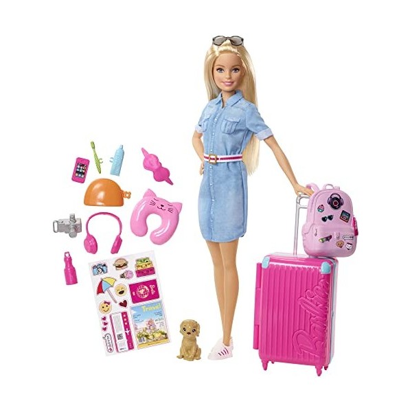 Barbie - Barbie Voyage - Coffret avec Poupée et Chien - Valise, Caisse de Transport, Tenue et Autocollants - Plus de 10 Acces