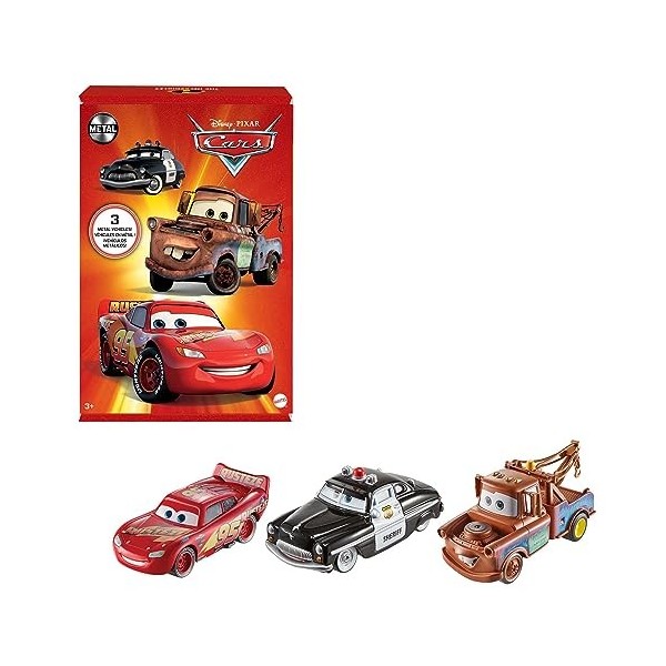 Disney Pixar Cars Coffret 3 Vehicules Radiator Springs à lEchelle 1/55, Voitures Flash McQueen, Sherif et Martin, Jouet pour