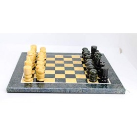 Agata Mineral Import Beau Jeu déchecs en Pierres Semi-précieuses - Serpentine Verte et Dolomite Jaune. Dimensions du Plateau