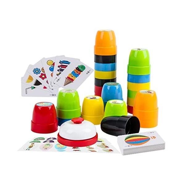 Vinciph Jeu de tasses rapides pour enfants, jeu interactif parent-enfant, 24 tasses, 24 autocollants, 1 cloche, 54 cartes de 