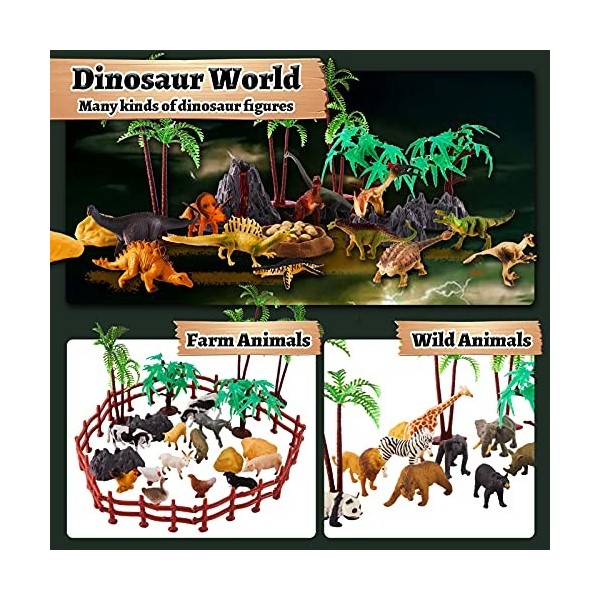 TOEY PLAY 3 en 1 Mini Figurine Animaux de la Ferme, Jouet Animaux de la Forêt, Figurine Dinosaure Jouets, 56 Pièces Figurines