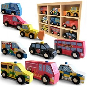 Jouets en Bois Voitures Ville Véhicules Set, 9 pcs comprend le camion pompier, la voiture de police, le taxi et lambulance a