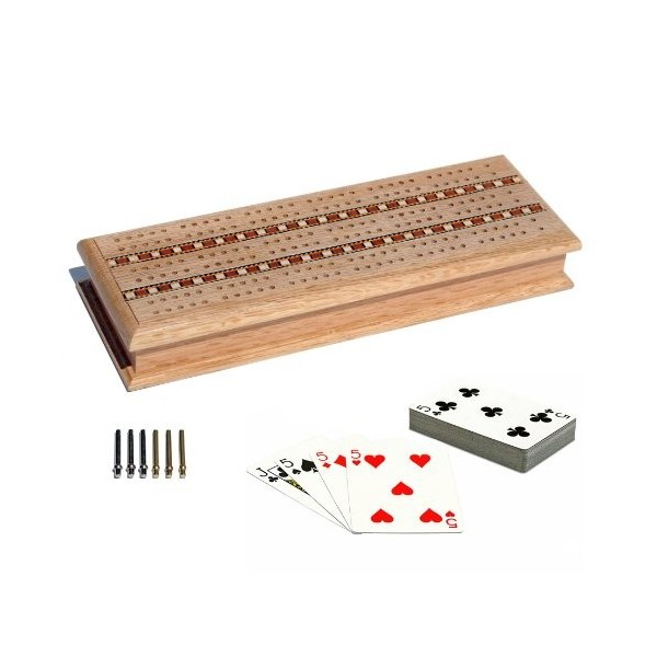 WE Games Cabinet Cribbage Set - Solid Oak Wood with Inlay Sprint 3 Track Board with Metal Pegs & 2 Decks of Cards by WE Games