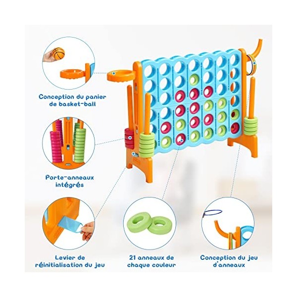 COSTWAY Jeux Puissance 4 Géant avec 42 Anneaux, Jeu de Société 3 en 1 Ludique & Éducatif avec Panier de Basket, Levier de Réi