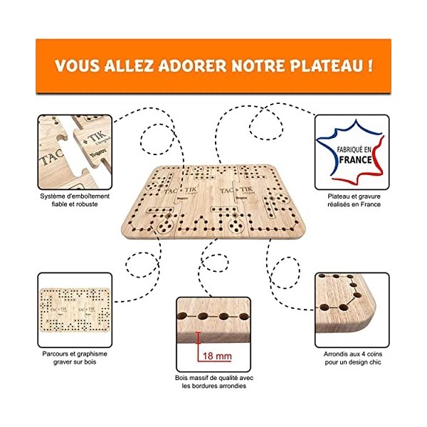 YOOJEUX® TAC-TIK L’Original – 2 à 6 Joueurs – Inclus Cartes pour Jouer au Tock – Jeu de Société Plateau Bois Massif – Fabriqu