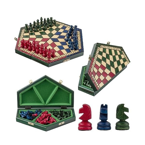 Jeu déchecs coloré à 3 joueurs | Master of Chess | XL 54 x 47 cm | Jeu déchecs unique fabriqué à la main en bois – Jeu déc