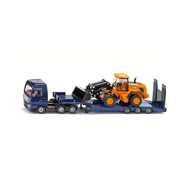 siku 1790, MAN camion surbaissée et une chargeuse sur roues JCB, 1:87, Métal/plastique, Bleu/Jaune, Rampe pliante, Remorque s